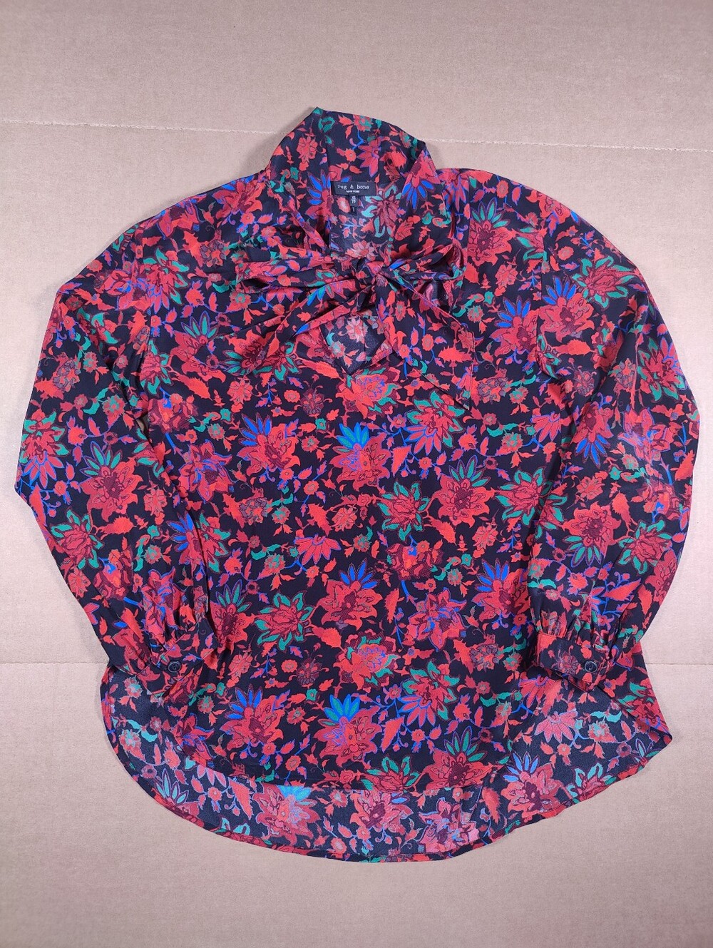Rag & Bone Emily Black Tie-Neck Red Floral 100% Silk Balloon Sleeve Blouse Sz XS